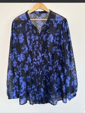torrid Black Sheer Blouse with Blue Floral Print